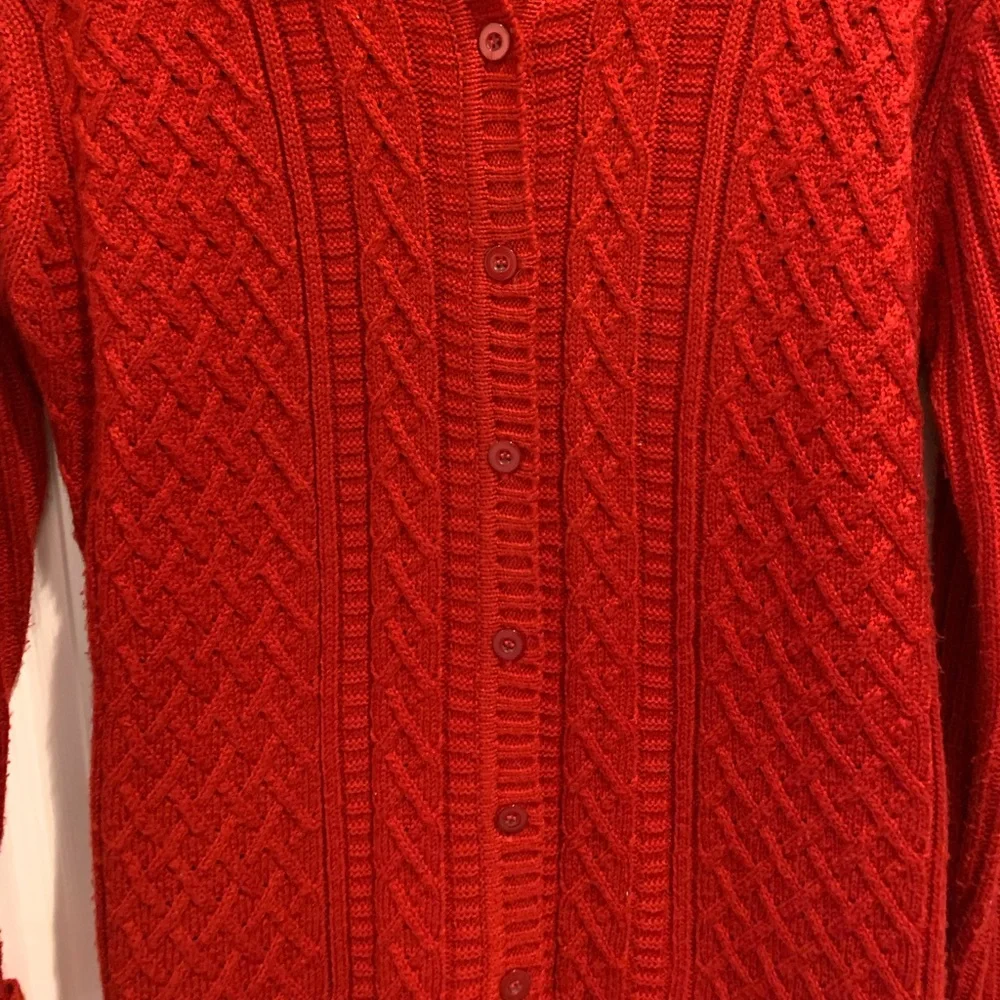 Karen Scott Size Small Red Cable Knit Long Button Down Tie Sweater Valentines